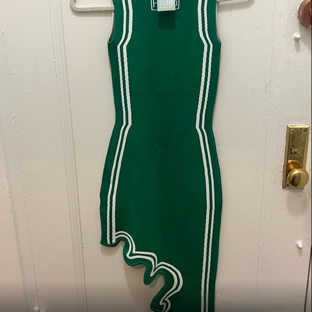 Chic Asymmetrical Green Dress with White Trim